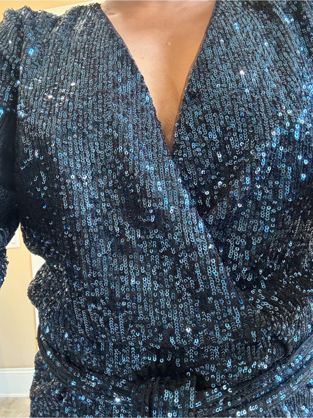White House Black Market Navy Sequin Wrap Dress - Picture 3 of 5